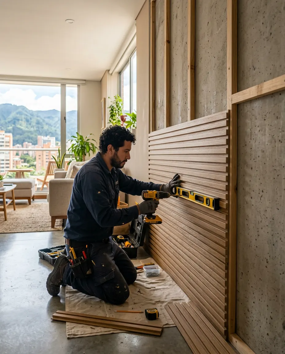 Instalador colocando un panel de lambrín en una pared