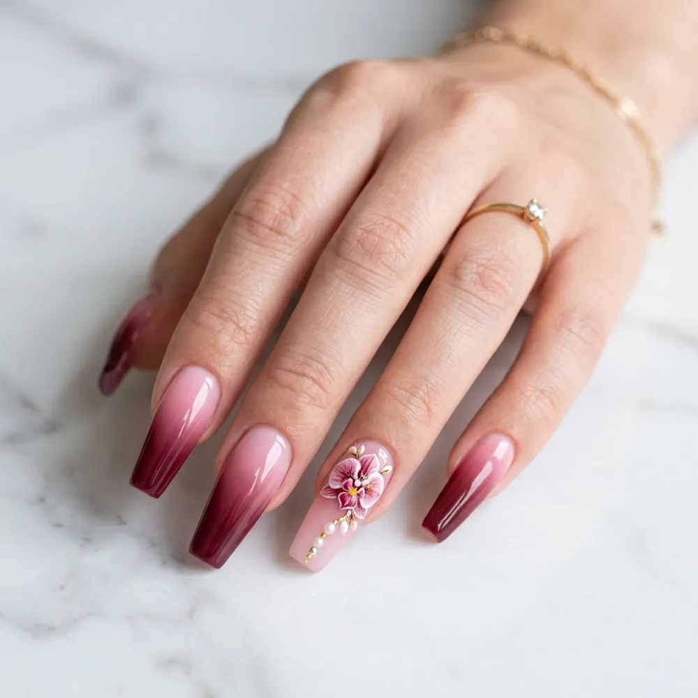 Uñas en polygel con degradado rosa y vino