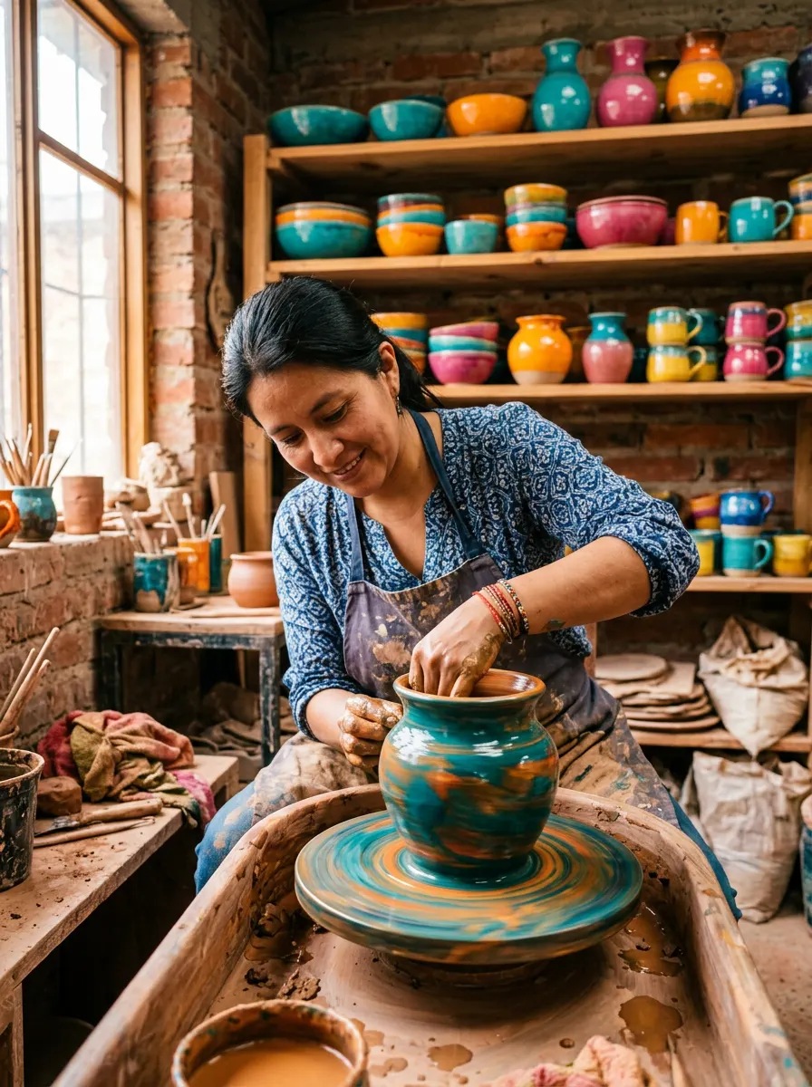 Taller de cerámica con piezas de colores